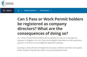 Printshot of MOM FAQ on Directorship by S Pass or Work Permit holders