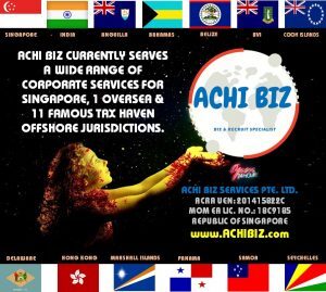 A girl holding Achi Biz logo with Singapore & 12 other national flags
