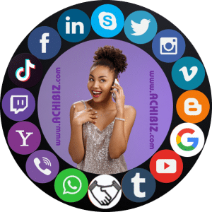 A woman happily talking on mobile with Achi Biz with social media icons