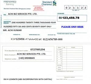 A sample cheque payment to ACHI Biz