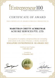ACHI Entrepreneur 100 Award Certificate for the year of 2022
